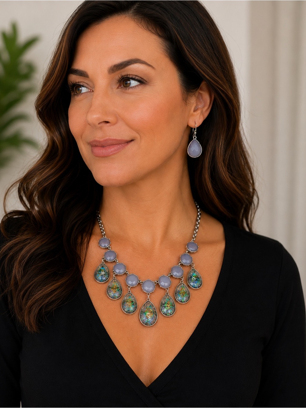 Necklace & Matching Earrings Set Lavender and Iridescent Teardrop Silver-Tone